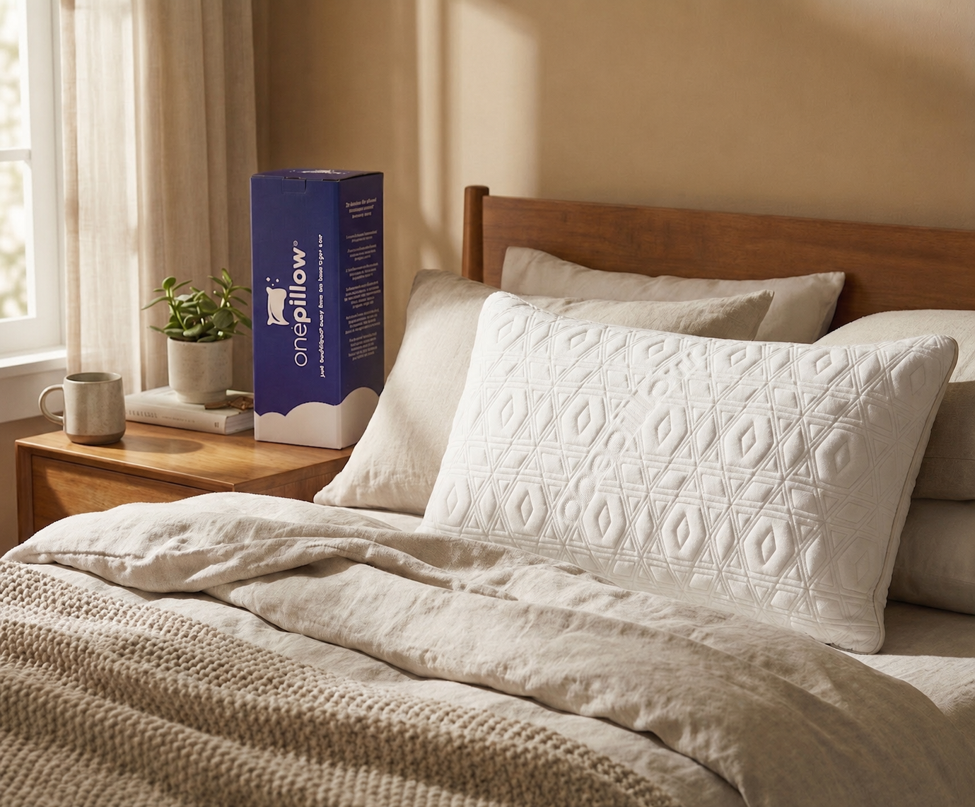 Wit OnePillow hoofdkussen met paars label op een licht bed
